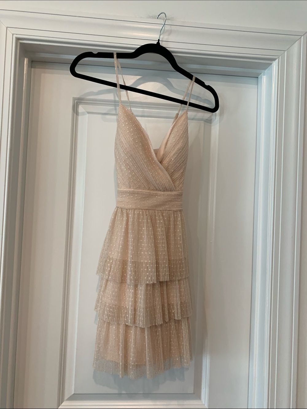 City Studio Tiered Sparkle Mini Dress in Blush/Cream 0 lined